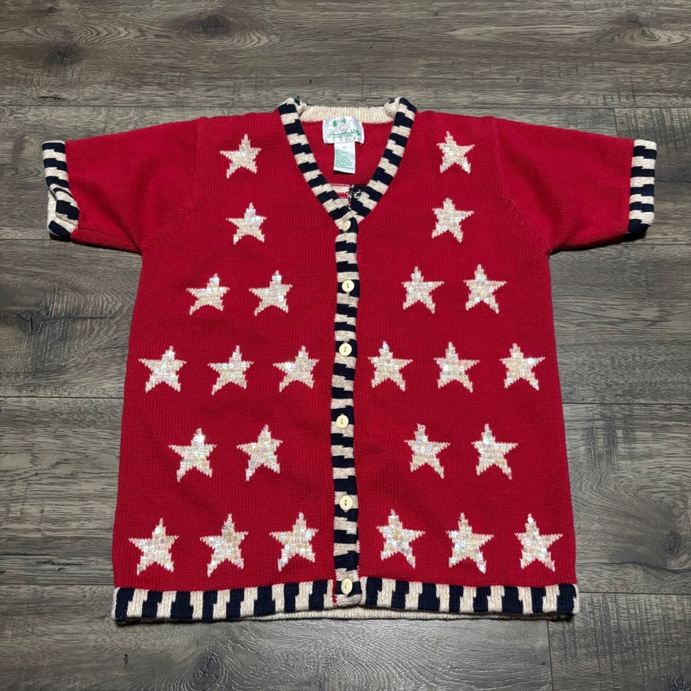 Quacker Factory Cardigan Womens XS Red Good Stars Sequin Americana Short Sleeve‎